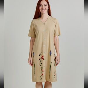 Bessi Sport Dress Made In Italy Floral Tan  Button-Down Knit Short Sleeve Large